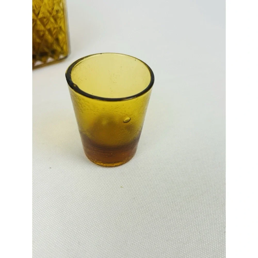 Vintage Amber Square Diamond Point Decanters Glass Stopper Shot Glass MCM Set